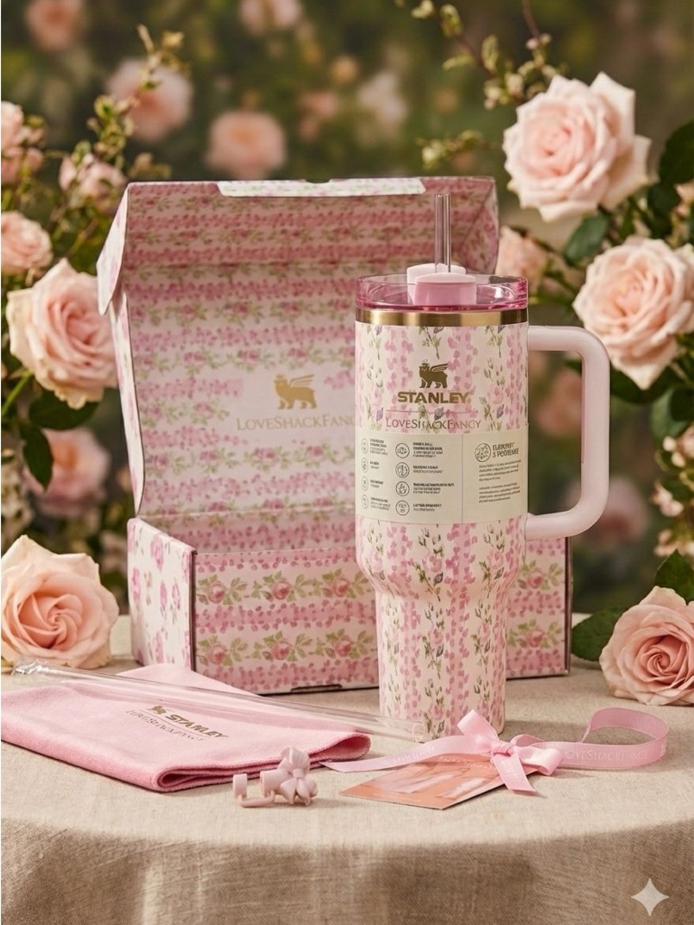 Stanley Pink Floral Travel Tumbler with Handle